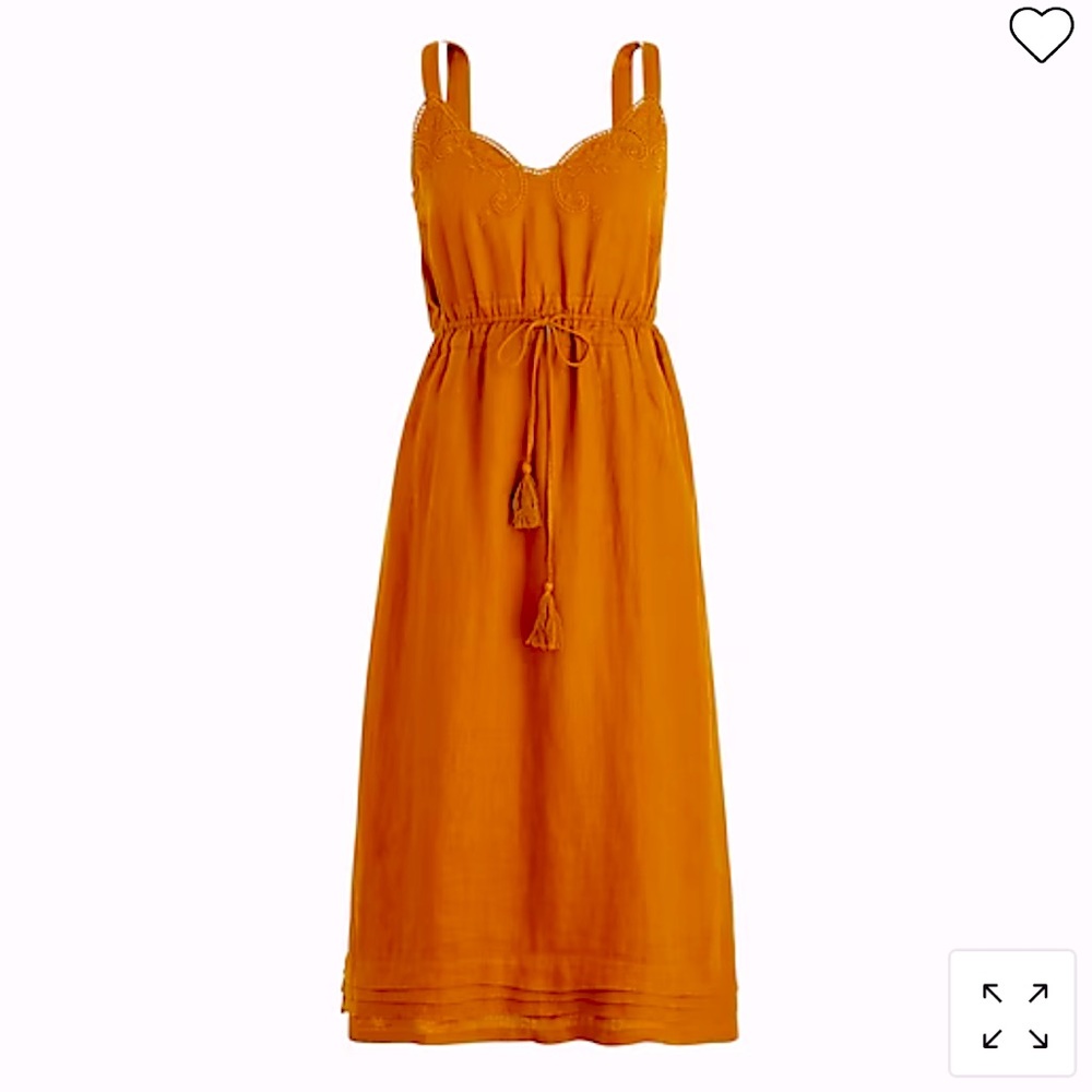 Linen drawstring dress with embroidery in gold EUC